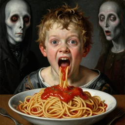 a boy made of spaghetti and tomato sauce, looking straight into camera, screaming in desperation, by giuseppe arcimboldo and ambrosius benson, renaissance, fruit, intricate and intense oil paint, a touch of beksinski and hr giger and edward munch, realistic