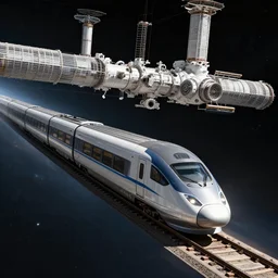 a sleek train leaving a huge space station traveling to another star, viewed from cockpit up a passing spaceship, popular science cover from 1 9 5 3