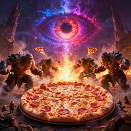 pizza battle in mordor, epic compisition, fumes, orcs, volumetric light, sauron eye pizza ppeperonni, massive pizza battle of orc against hobbits, one pizza to rule them all, night epic sky, glowing red, blue, purple, yellow, explosions, realistic 3 d scene, unreal engine, octane render