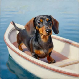 cute dachshund on a boat, detailed painting, weiner dog, oil on canvas, adorable, wide angle shot, very detailed