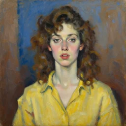 expressive medium shot portrait of a pale sexy young 8 0 s model woman with curly brown hair, big lips, wearing a yellow shirt, blue and brown background, oil painting, impasto, muted colors, artwork by lucian freud, arnold bocklin, ossip zadnike