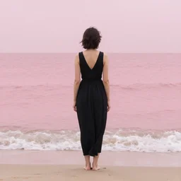 woman in black dress in the middle of the beach, pink water, leyendecker style