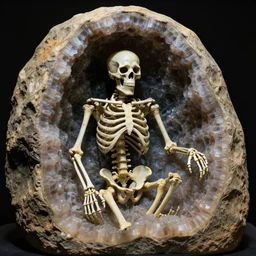 a strange weird skeleton in a geode ), ( ultra realistic, ultra 4 k, provided by unreal engine, artstation, archeological discover, realisms, photography )