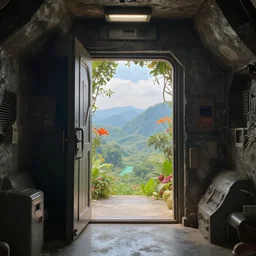 open door in a futuristic bunker leads to a wonderful world beautiful lighting