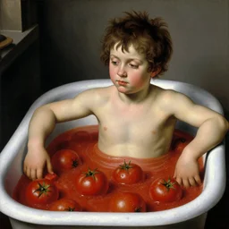 a boy sitting in a tub full of tomato sauce, by giuseppe arcimboldo and ambrosius benson, renaissance, highly detailed, a touch of beksinski, fruit, intricate and intense oil paint, realistic