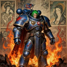 composition of gothic and futuristic, warhammer, cyber armor, more and more scars, firestorm, green hair, blue and red, the middle ages, highly detailed, artstation, in the style of moebius, jugendstil and classic japanese print, art by jean delville and rene magritte