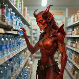 a demon in a store contemplating which brand of water to buy while shopping, digital painting, illustration, high quality, fantasy