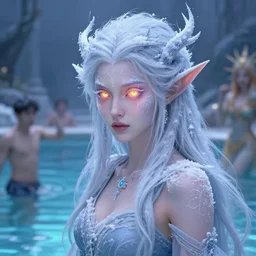 beautiful ancient frost witch, pastel fire in eye, snow glow, pool party, highly detailed, digital painting, artstation, sharp focus, illustration, art by tan zi and ayanamikodon and alphonse mucha and wlop