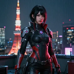 An epic comic hyperrealistic 3/4 body shot portrait illustration of a cyber warrrior girl wearing futuristic wardrobe, black and reddis, ultradetailed face expression trending on artstation and artbreeder, cyberpunk 2077 color, heavy rainning at tokyo night, neon light rooftop, unreal 5, DAZ, 8k, unreal 5 engine render, cosplay, RPG portrait, final fantasy Vll world concept, dramatic lighting, rim lights, PS5 render quality