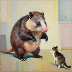 danny devito in the form of a possum scaring away cats abstract painting