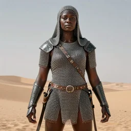 a large woman wearing chain mail, heavy looking, powerful, imposing presence, by greg staples and boris vallejo, highly detailed, hyperrealistic, dark skin, desert lands, sharp focus, soft lighting, centered