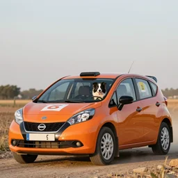 border collie dog driving an orange nissan note, dog driving car, rally driving photo, award winning photo, golden hour, perfect composition