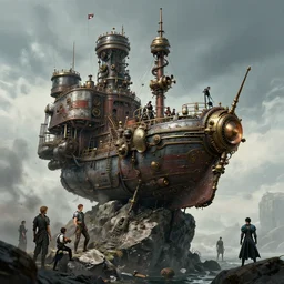 a steampunk shipreck on a sharp rock by Greg Rutkowski, Sung Choi, Mitchell Mohrhauser, Maciej Kuciara, Johnson Ting, Maxim Verehin, Peter Konig, final fantasy , 8k photorealistic, cinematic lighting, HD, high details, atmospheric , trending on artstation