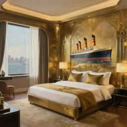 a bedroom in a retro futuristic hotel made of brass bronze gold, art deco influence. bioshock, starship titanic. clean, well composed painting by artgerm and greg rutkowski.