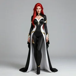 Full body Portrait of a female elementalist, black-white skintight robes!, leggins, golden accessories, garments, sightly wide hips, fiery red hair!, long straight hair, sculptured face, blue eyes, red lipstick, floating, orange fire/blue ice duality!, dual magics, extremely detailed, by frank franzzeta, WLOP, Genzoman and gary gygax, trending on artstation, artstationHD, artstationHQ, deviantart, 16K, HD, matte painting, vibrant colors
