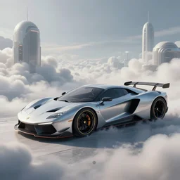 a random crossover design sport car in a utopia world. art by filip hodas. clouds by rhads. car by amd.