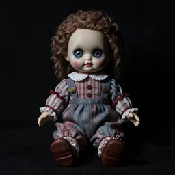 a photo graph of a tpose creepy doll on black back ground