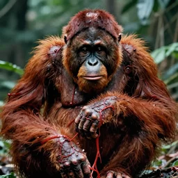 orangutan body horror directed by david cronenberg, limb mutations, swollen veins, red flesh strings, cinestill 8 0 0 t, 1 9 8 0 s movie still, es film grain