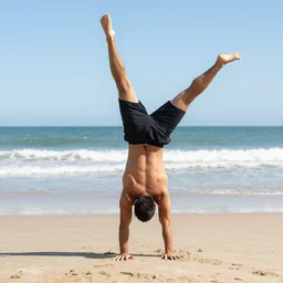 duke kaboom doing a handstand on the beach