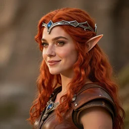 beautiful character design of an elven druid with red hair, silver circlet on her head, wearing a leather tunic, slight smile, sideview, d&d, warm lighting, symmetrical face, subtle vibrancy, pathfinder, HD, detailed,
