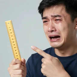 crying man pointing at a ruler, high resolution photo