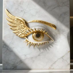 white marble with gold accents, an eye with wings and fangs