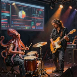 a beautiful painting by robbie trevino of a couple of octopus playing drums and telecaster guitar in an electronic concert, touch designer projection background, concert light, dark mood, warm lights
