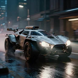 cinematic movie scene, beautiful product shot film still of a syd mead futuristic clunky battle - armored automobile with bright headlights on a wet street at night in cyperpunk city, motion, hard surface modeling, volumetric soft lighting, style of stanley kubrick cinematography, 8 k