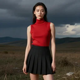 rin tohsaka in red sleeveless turtleneck. black pleated miniskirt. by rembrandt, by konstantin razumov