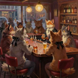 several adult fursona characters chatting, a furry wearing black ribbons, city streets background outside of the bar. a crowd of furries drinking at the tavern. bartender ox cleaning a glass behind the counter. moody lighting. red bar stools. whiskey and wine and beers. oil painting by terese guay kinkade monet gurney