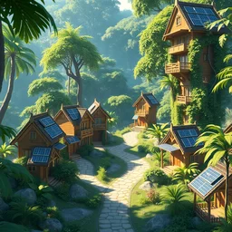 a gorgeous community with solar panels, integrated perfectly into the jungle! beautiful paths join tiny houses with fun communal buildings! very vertical architecture. in the style of studio ghibli. 8 k cgi, unreal engine 5