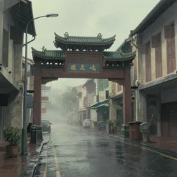 petaling street chinatown, foggy rainy day, matte painting, studio ghibli, artstation