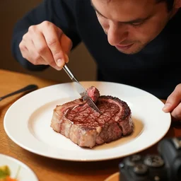 a man eating a raw steak on a plate, dinner table, dslr