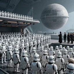 extreme long shot of a orderly huge crowd of imperial stormtroopers, officers and more, in combat gear stand at attention beneath the reviewing stand at the death star, listening to a speech live by the emperor, 8 k, unreal 5, octane render, majestic, superb, cinematic, atmospheric, dramatic, hyperrealism, cgi art, volumetric lighting, photoshopped, intricate digital art