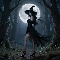 witch standing pose in an enchanted forest wearing high heels under a full moon, fantasy gothic art style