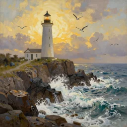a painting of a lighthouse built on seashore rocky cliff with stormy waves crashing into the rocks and sea birds flying in the golden hour, in the style of john martin, digital art