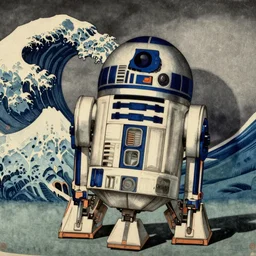 Japanese woodblock print of r2d2,  hokusai