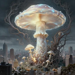 an analog organic theriomorphic holobiont eating a city, concept art, mycorrhiza, rhapsodizing, ecstatic mushroom, translucidluminescence, intricate, kim jung gi, james jean, shaun tan, analog detail, cinematic, epic wide shot, ultra detailed, sharp focus, smooth, physically rendering, photorealistic, 8 k