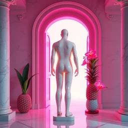 “ a beautiful mannequin made of marble printed in 3 d geometric neon + kintsugi!!, facing a giant doorway opening with a neon pink light, flowering iridescent pineapples + orchids, inside a room with marble columns, transcendent, vibrant color, clean linework, finely detailed, 4 k, trending on artstation, photorealistic, volumetric lighting, octane render ”