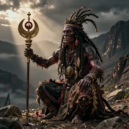 a photorealistic of horror shaman with dreadlocks in sacrament of death and destruction
