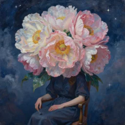 closeup, huge flowers as head, woman sitting on chair, surreal photography, starlight, storm clouds, impressionist painting, digital painting, artstation, simon stalenhag
