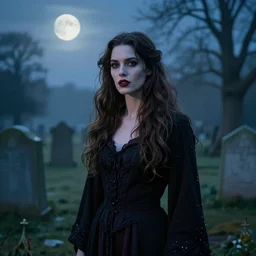charismatic rural cottagecore brunette female vampire, portrait, at highgate cemetery, atmospheric lighting, painted, intricate, mist, cold, volumetric lighting, beautiful, blue tint, moon light, sharp focus, ultra detailed, by leesha hannigan, ross tran, thierry doizon, kai carpenter, ignacio fernandez rios