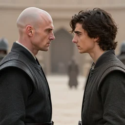 Establishing shot of a duel between bald_ominous_brooding_Austin_Butler_as_Feyd-Rautha_Harkonnen against Timothee_Chalamet_as_Paul_Atreides, in an arena, clear gaze, detailed eyes