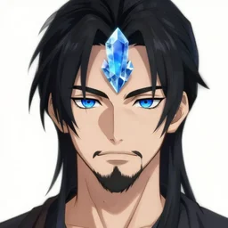 blue crystal in forehead, male black haired half elf, black goatee, blue eyes, artstation, style of jesper ejsing, by rhads, makoto shinkai and lois van baarle, ilya kuvshinov, ossdraws