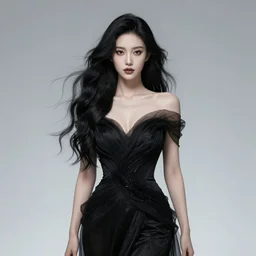 Woman, Vantablack hair, Divine Goddess, ethereal, stylish Dress, gorgeous, perfect symmetrical face, Volumetric Lighting, 8k resolution