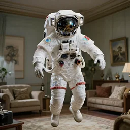 a single astronaut eva suit interwoven with diamond 3d fractal lace iridescent bubble 3d skin and covered with insectoid compound eye camera lenses floats through the living room, film still from the movie directed by Denis Villeneuve with art direction by Salvador Dalí, wide lens,