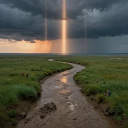 muddy river leads to sea by hiroshi yoshida, marc simonetti, roger deakins, turner, rothko, hyperrealism, cinematic, grassland, dramatic storm sunset, vertical light strips, matte painting, fluid simulation, tonalism, volumetric light, trending on artstation, cgsociety, high detail concept art, top view, rendered in octane
