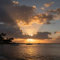 sunset  at Lahaina Maui, some boats, a few birds in the sky, sharp focus, illustration, paisible night lighting, incredible art by artgerm and greg rutkowski and alphonse mucha and simon stalenhag