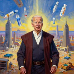 joe biden as a jedi knight. billions of credits worth of infrastructure being built back better behind him and microchips and cheaper insulin raining from the sky in the background. vibrant oil painting
