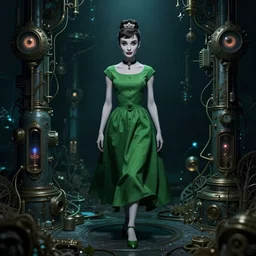 in the style of joshua middleton, beautiful audrey hepburn, full body green dress, creepy pose, bioshock, spooky, symmetrical face symmetrical eyes, three point lighting, detailed realistic eyes, aquapunk, insanely detailed and intricate elegant, artgerm, underwater home
